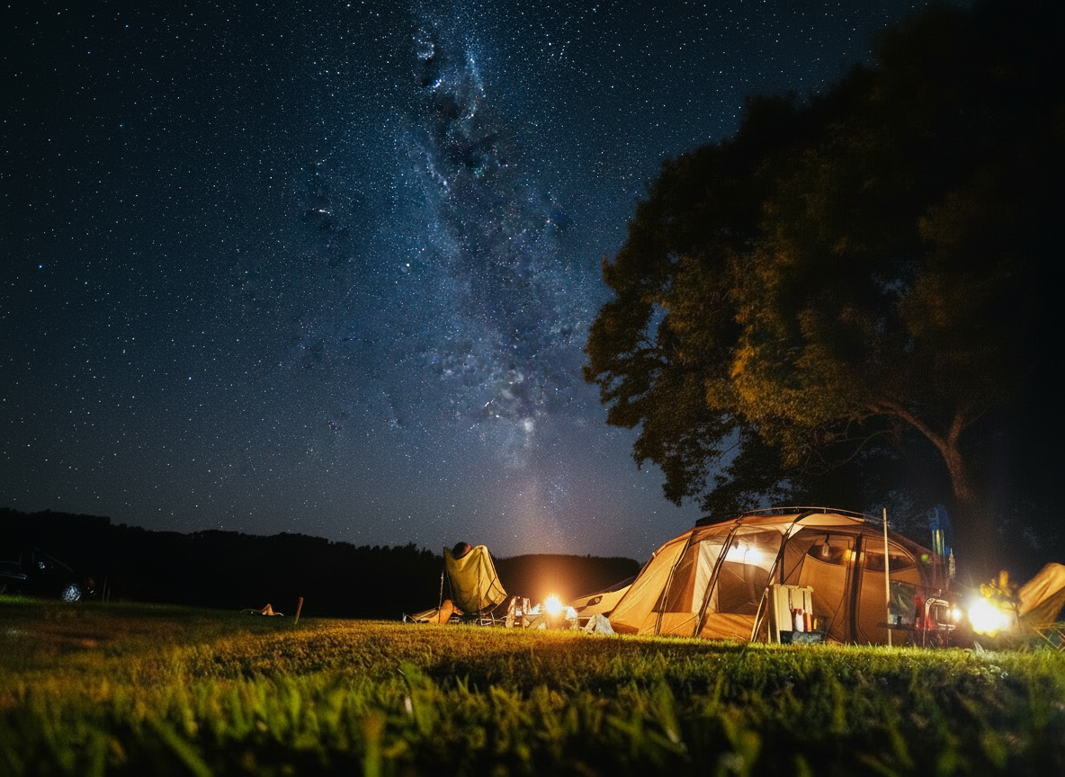 夜のキャンプサイトの写真