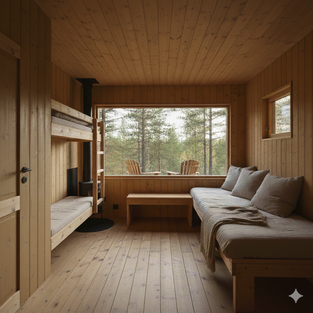 森林キャビンの中からみた大きな窓から見える景色